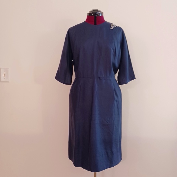 Vintage 1960s A Mendel Creation Size 20 Round Neck 3/4 Sleeve Blue Sheath Dress - Picture 1 of 11
